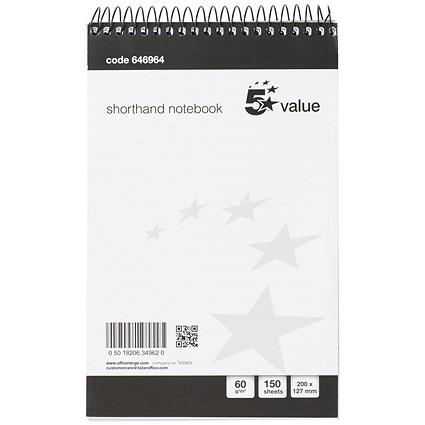 5 Star Value Shorthand Pad, 127x200mm, Ruled, 300 Pages, Pack of 5 5 Star Value Shorthand Pad, 127x200mm, Ruled, 300 Pages, Pack of 5