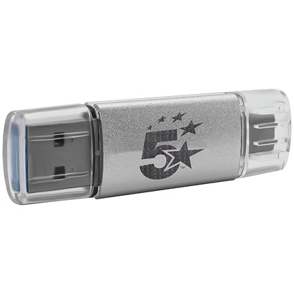 5 Star USB 3.2 Gen 1 Combo Flash Memory Drive with USB A/C 128GB Silver