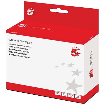 5 Star Cleaning Sachets of Wet and Dry Wipes (Pack of 20) 668035