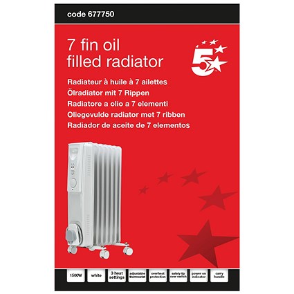 5 Star 7 Fin Oil Filled Radiator 1500W White