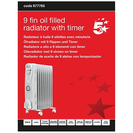 5 Star 9 Fin Oil Filled Radiator 2000W with Timer White