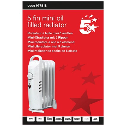5 Star 5 Fin Mini Oil Filled Radiator 500W White