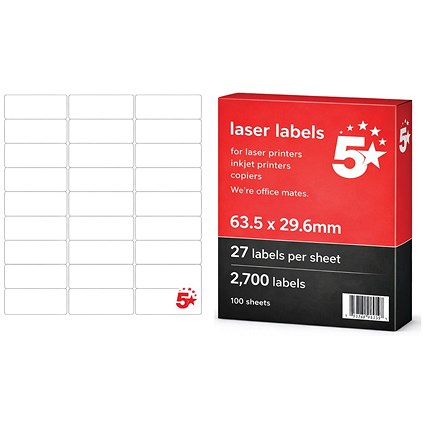 5 Star A4 Mini Sheet Labels 63.5x29.6mm Pack of 2700 FS679600