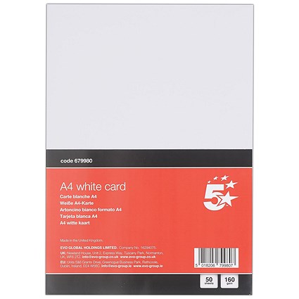 5 Star A4 White Card 160gsm Pack of 50
