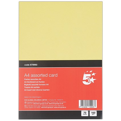 5 Star A4 Assorted Card 160gsm Pack of 70