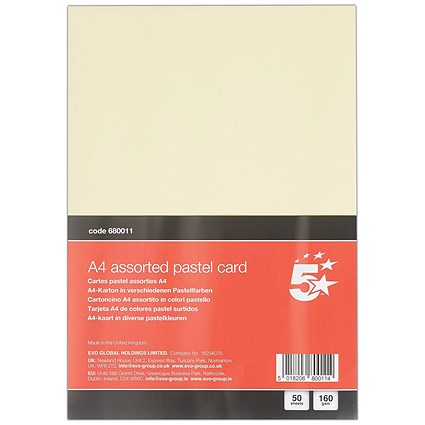 5 Star A4 Pastel Card 160gsm Pack of 50