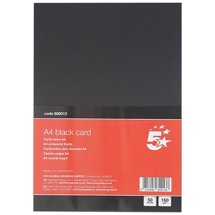 5 Star A4 Black Card 160gsm Pack of 50