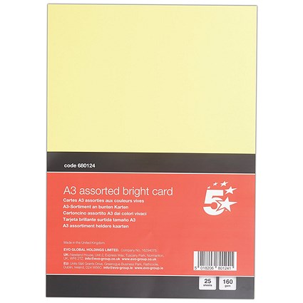 5 Star A3 Bright Assorted Card 160gsm Pack of 25