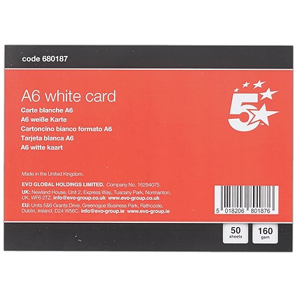 5 Star A6 White Card 160gsm Pack of 50