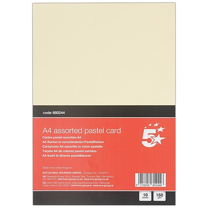 5 Star A4 Pastel Card x10 Cards 120 Cards in Total Pack of 12