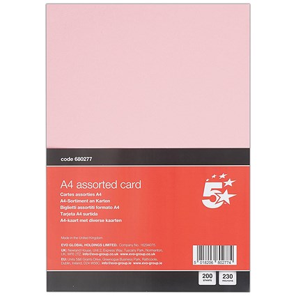 5 Star A4 Assorted Card 230 Micron Pack of 200