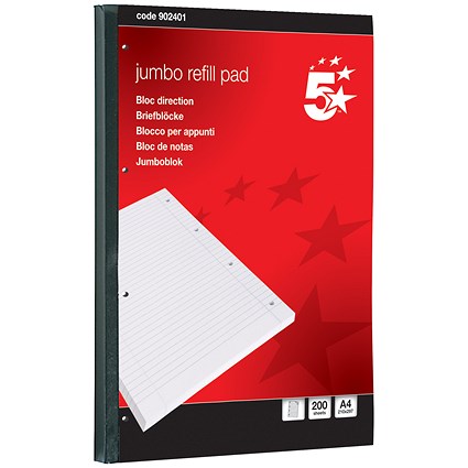 5 Star Jumbo Sidebound Refill Pad, A4, Feint Ruled, 4-Hole Punched, 200 Sheets, Pack of 4