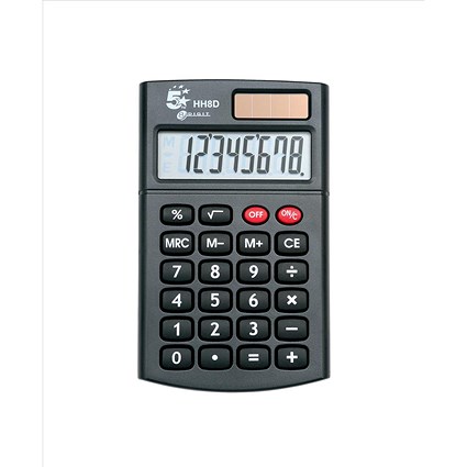 5 Star Handheld Calculator, 8 Digit Display, 3 Key, Solar & Battery Power, Black