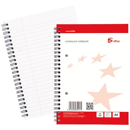 5 Star Wirebound Notebook, A5, Ruled with Margin, 100 Pages, White, Pack of 10 5 Star Wirebound Notebook, A5, Ruled with Margin, 100 Pages, White, Pack of 10