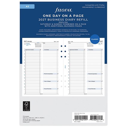 Filofax Refill Day Per Page A5 White 2027
