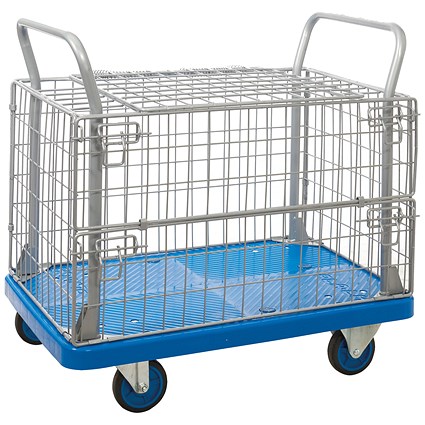Proplaz Mesh Sided Platform Truck with Hinged Lid and Half Drop Side, 300kg Capacity