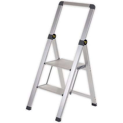 Climb-It Slim Aluminium Step Ladder with Handrail, 2 Tread, Silver