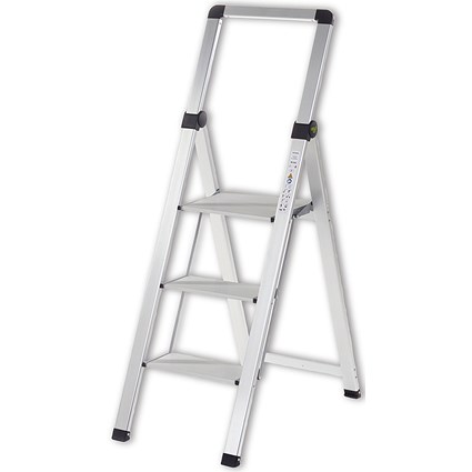 Climb-It Slim Aluminium Step Ladder with Handrail, 3 Tread, Silver Climb-It Slim Aluminium Step Ladder with Handrail, 3 Tread, Silver