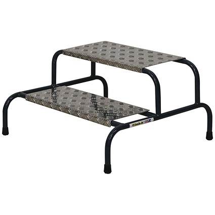 Climb-It Wide Work Steps with Chequer Plate, 2 Tread, Silver