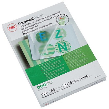 GBC DocumentPouch A5 Gloss Laminating Pouches, 75 Micron, Pack of 100