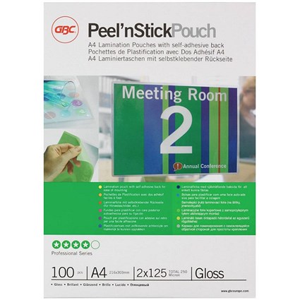 GBC Peel and Stick A4 Laminating Pouches, 250 Microns, Glossy, Pack of 100 GBC Peel and Stick A4 Laminating Pouches, 250 Microns, Glossy, Pack of 100
