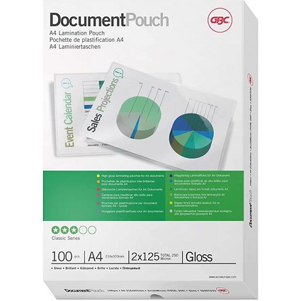 GBC A4 Laminating Pouches, Medium, 250 Micron, Glossy, Pack of 100
