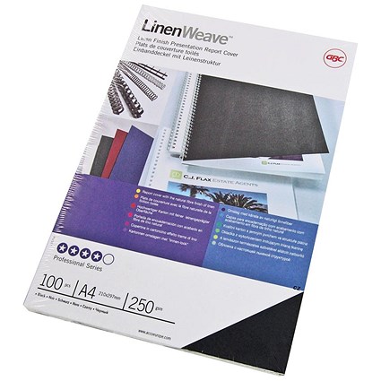 GBC Textured Linen-look Binding Covers, 250gsm, Black, A4, Pack of 100 GBC Textured Linen-look Binding Covers, 250gsm, Black, A4, Pack of 100