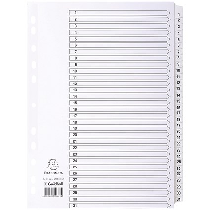Guildhall Reinforced Board Index Dividers, 1-31, Clear Tabs, A4, White
