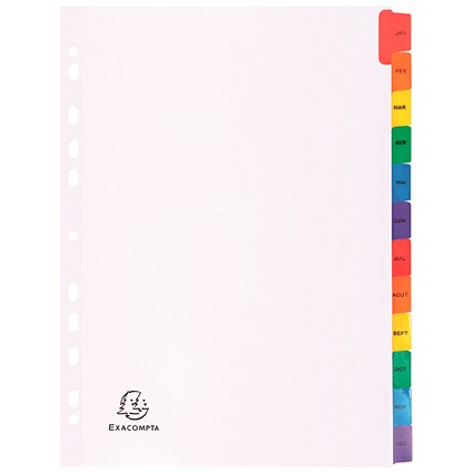 Exacompta Guildhall Mylar Index Coloured Tabs 12-Part January-December A4 White