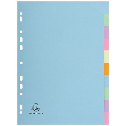 Exacompta Recylced Subject Dividers, 10-Part, Blank Pastel Multicolour Tabs, A4, Pastel Multicolour