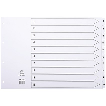 Exacompta Reinforced Board Index Dividers, 1-10, Clear Tabs, A3, White