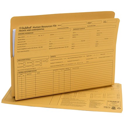 Guildhall Pre-Printed Human Resources Files, 315gsm, Yellow, Pack of 50