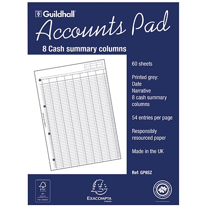 Guildhall Account Pad GP8SZ, A4, 8 Cash Columns, Ruled 54 Feint, 60 Leaf
