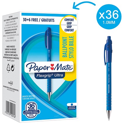 Paper Mate Flexgrip Retractable Ball Pen, Medium, Blue, Pack of 36