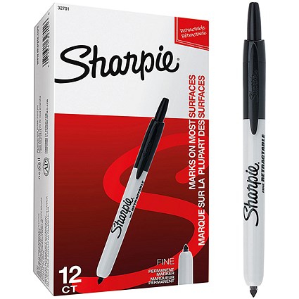 Sharpie Permanent Marker Pen, Retractable, Bullet Tip, Black, Pack of 12