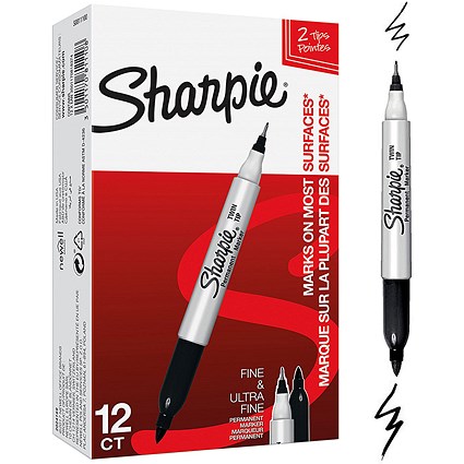 Sharpie Twin Tip Permanent Marker, Black, Pack of 12