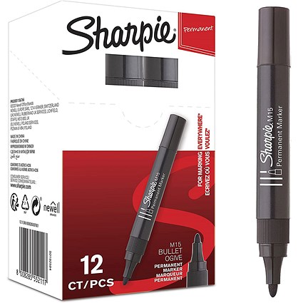 Sharpie M15 Permanent Marker, Bullet Tip, Black, Pack of 12 Sharpie M15 Permanent Marker, Bullet Tip, Black, Pack of 12