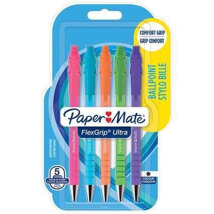 Paper Mate FlexGrip Ultra Ballpoint Pen, Medium 1.0mm, Bright Barrel, Black, Pack of 5