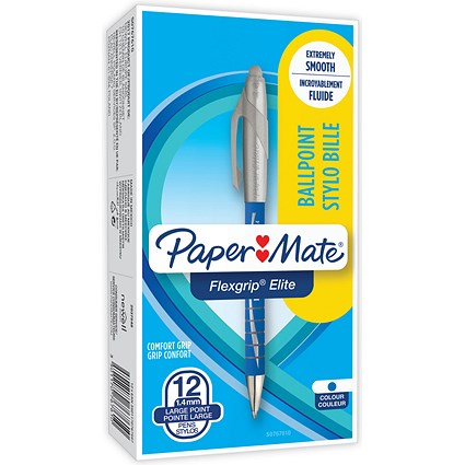 Paper Mate Flexgrip Elite Ball Pen, Retractable Tip, Blue, Pack of 12