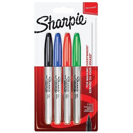 Sharpie Permanent Marker, Fine, Assorted Colours, Pack of 4