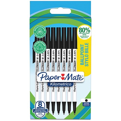 Paper Mate Kilometrico Ballpoint Pen, Medium 1.0mm, Black, Pack of 8