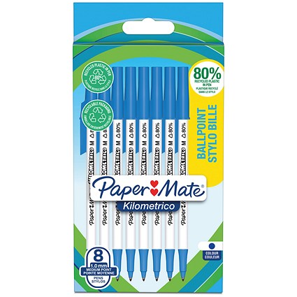 Paper Mate Kilometrico Ballpoint Pen, Medium 1.0mm, Blue, Pack of 8