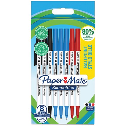 Paper Mate Kilometrico Ballpoint Pen, Medium 1.0mm, Assorted, Pack of 8