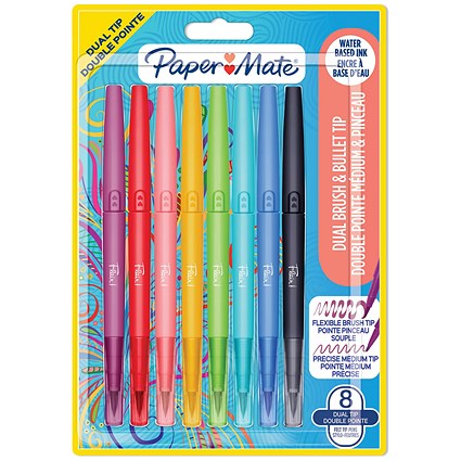 Paper Mate Flair Dual Felt Tip Brush + Medium Tip Assorted (Pack of 8)