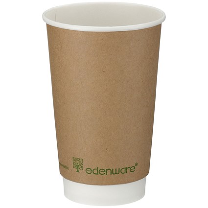 Edenware Double Wall PLA Lined Coffee Cup, 454ml, Kraft, Pack of 500