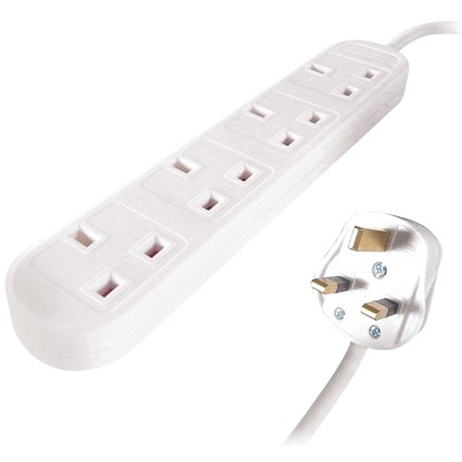 Connekt Gear Power Extension Lead, 4 Sockets, 2m Lead, White
