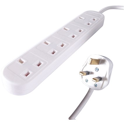 Connekt Gear Power Extension Lead, 4 Sockets, 5m Lead, White