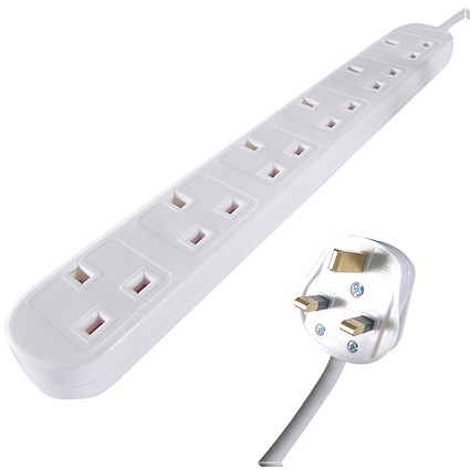 Connekt Gear Power Extension Lead, 6 Sockets, 3m Lead, White