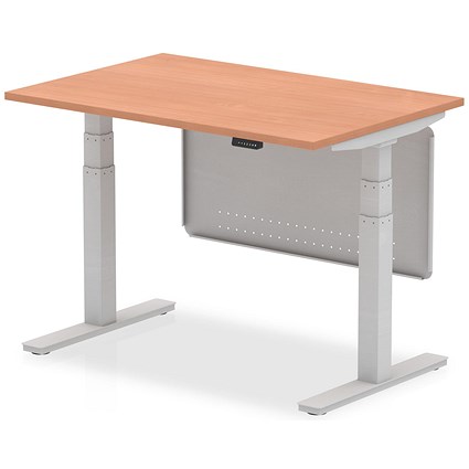 Air Modesty 1200mm Rectangular Height Adjustable Desk, Silver Leg & Modesty Panel, Beech