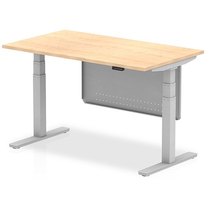 Air Modesty 1400mm Rectangular Height Adjustable Desk, Silver Leg & Modesty Panel, Maple